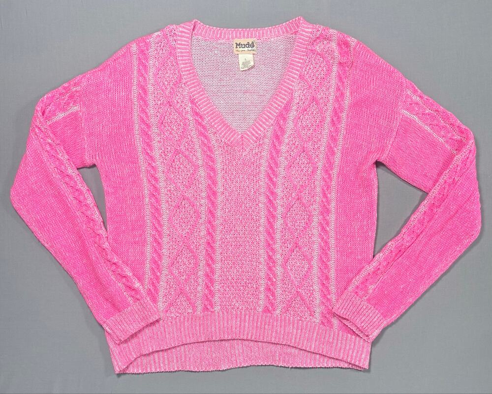 2000's Y2K Mudd Neon Pink Cable Knit Lightweight Sweater Women's Size Large
